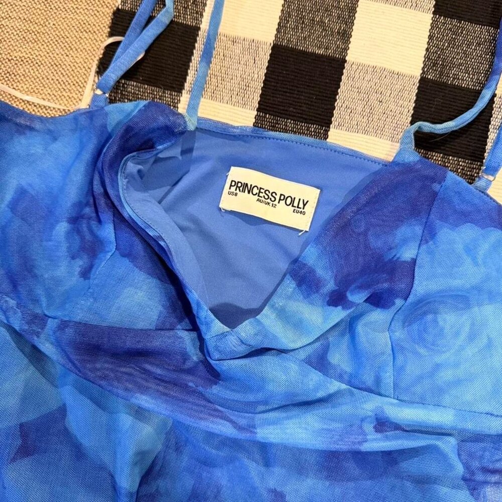 Princess Polly Blue Floral Mesh Maxi Dress Size 8 Like New - Picture 4 of 5